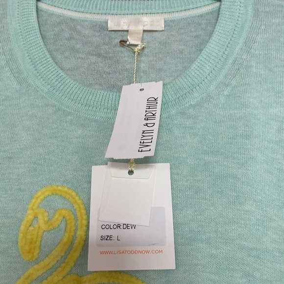 NWT Lisa Todd Aqua/ Yellow Flamingo Pullover Sweater - Picture 6 of 7